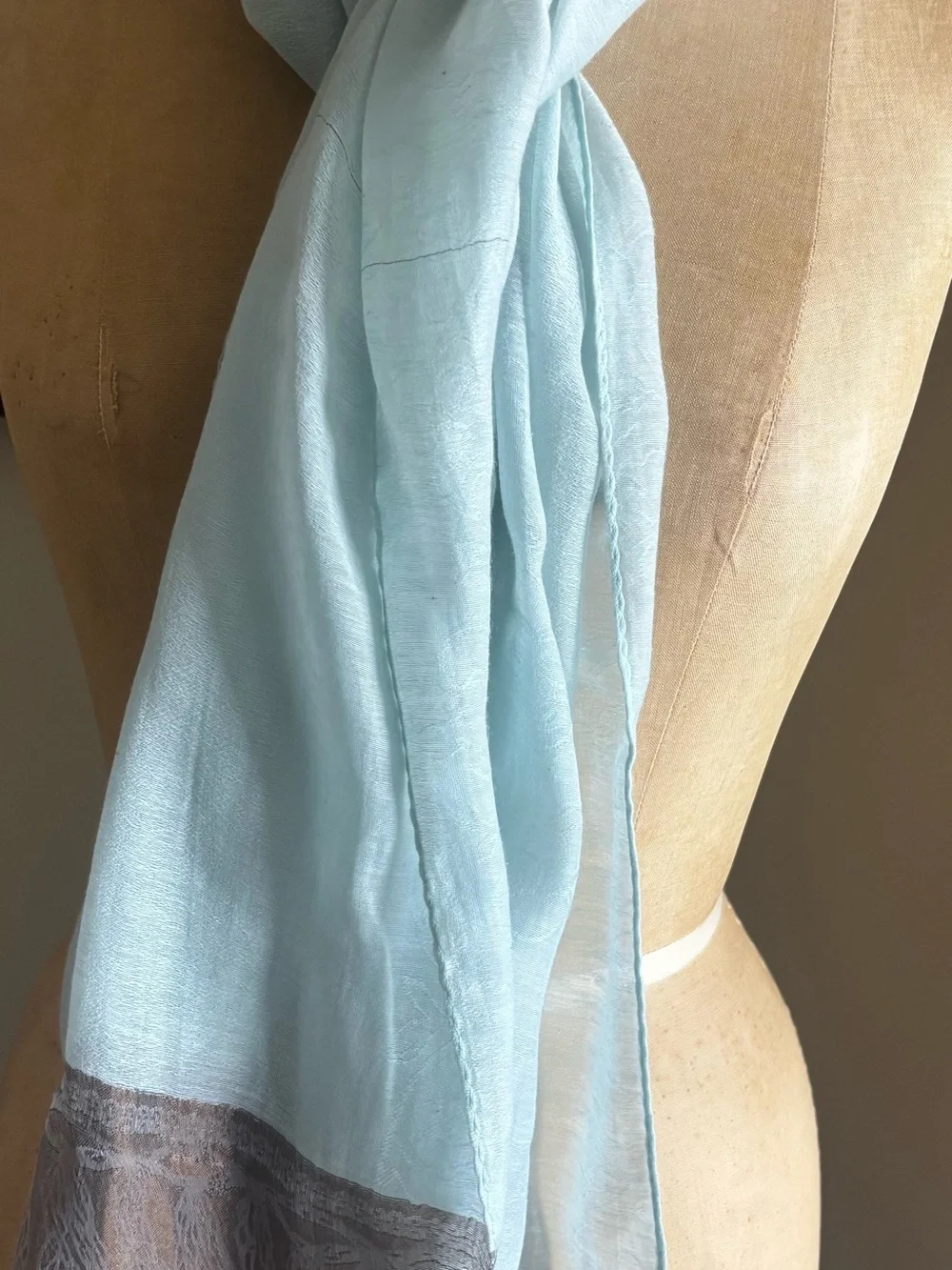 Light Blue and Taupe Raw Silk Scarf, Hand Loom, slightly imperfect